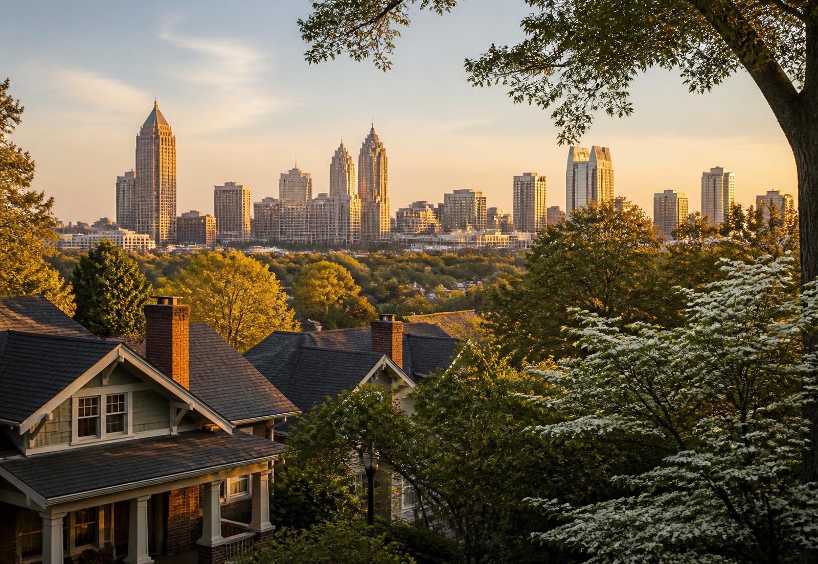 Golden-hour view of a Craftsman bungalow with a wide front porch on a tree-lined Atlanta street